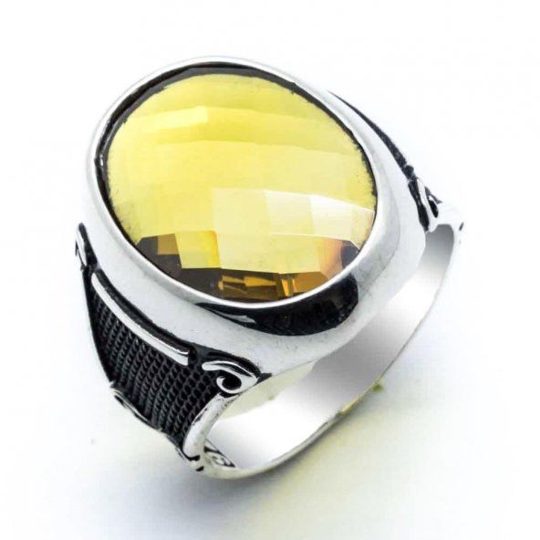 Sarı Oval Zirkon Taşlı Erkek Gümüş Yüzük - Resim 2