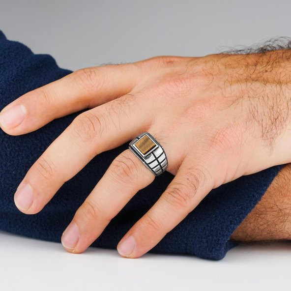 925 Ayar Gümüş Kare Kaplan Gözü Taşlı Yüzük - Resim 2