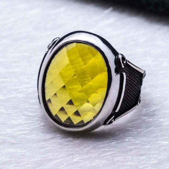 Sarı Oval Zirkon Taşlı Erkek Gümüş Yüzük - Resim 3