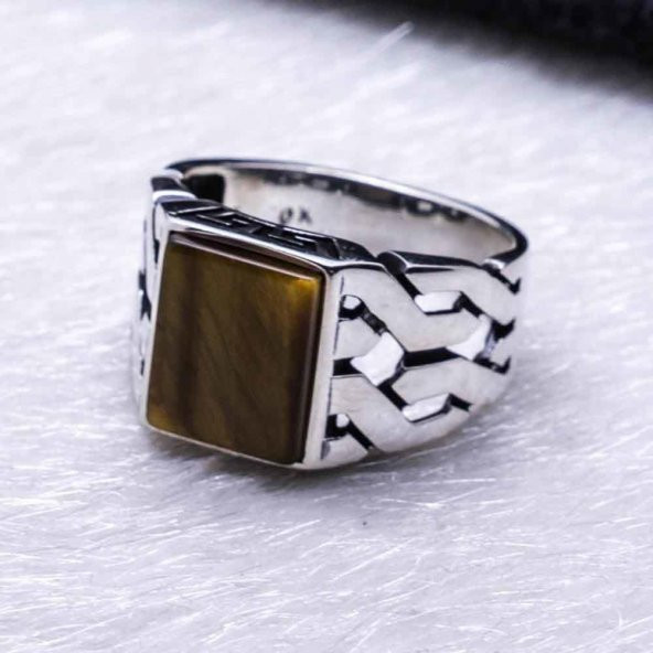 925 Ayar Gümüş Kaplan Gözü Taşlı Örgü Desenli Yüzük - Resim 3