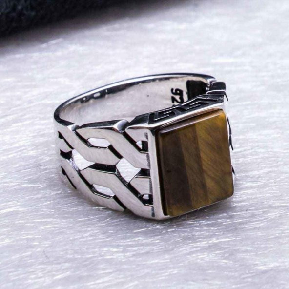 925 Ayar Gümüş Kaplan Gözü Taşlı Örgü Desenli Yüzük - Resim 4