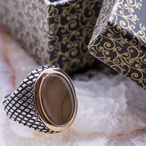 925 Ayar Gümüş Oval Akik Taşlı Erkek Yüzük ürün görseli