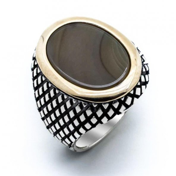 925 Ayar Gümüş Oval Akik Taşlı Erkek Yüzük - Resim 2