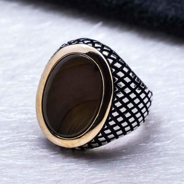 925 Ayar Gümüş Oval Akik Taşlı Erkek Yüzük - Resim 3