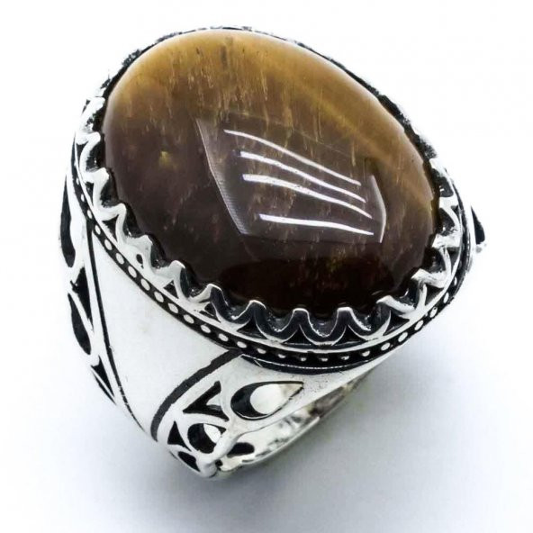 925 Ayar gümüş Kaplan Gözü  Taşlı Erkek Yüzük - Resim 2