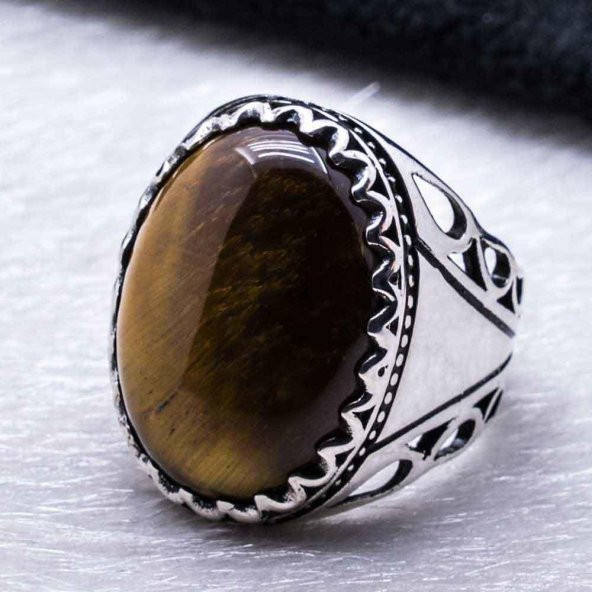 925 Ayar gümüş Kaplan Gözü  Taşlı Erkek Yüzük - Resim 3