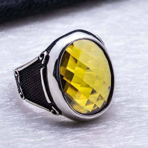 Sarı Oval Zirkon Taşlı Erkek Gümüş Yüzük - Resim 4