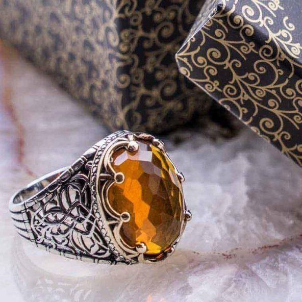 Sarı Zirkon Taşlı Kral Taçlı  Gümüş Yüzük ürün görseli 1