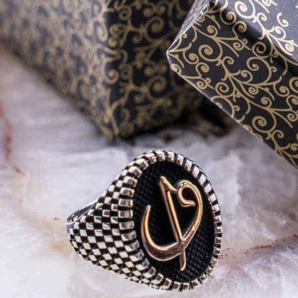 925 Ayar Gümüş Elif Vav  Simgeli Oval Erkek Yüzük ürün görseli