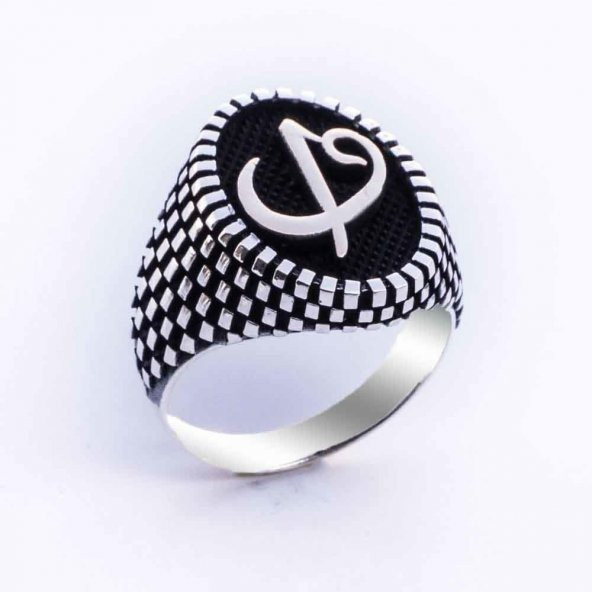 925 Ayar Gümüş Elif Vav  Simgeli Oval Erkek Yüzük - Resim 2