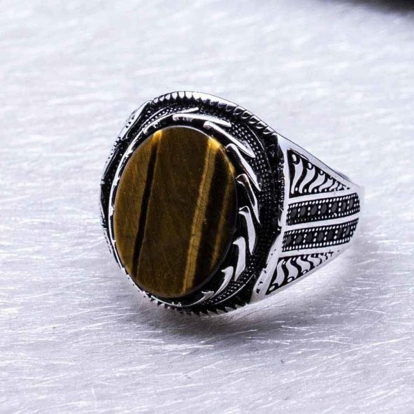 925 Ayar Gümüş Kaplan Gözü Taşlı Erkek Yüzük - Resim 3