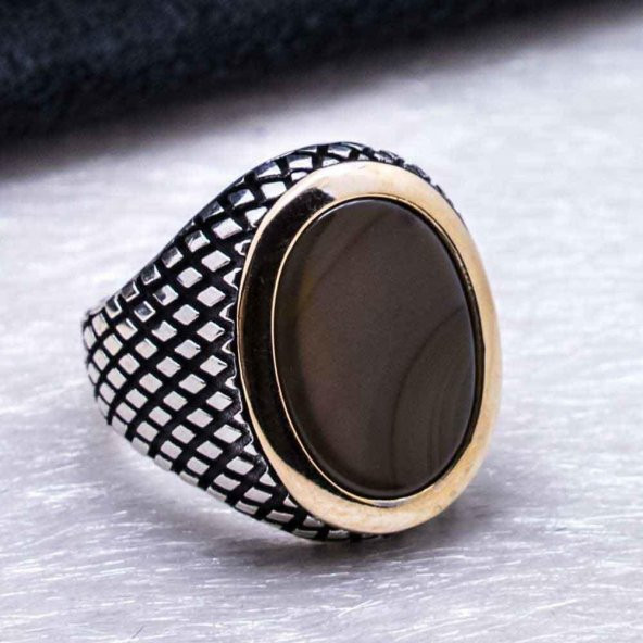 925 Ayar Gümüş Oval Akik Taşlı Erkek Yüzük - Resim 4