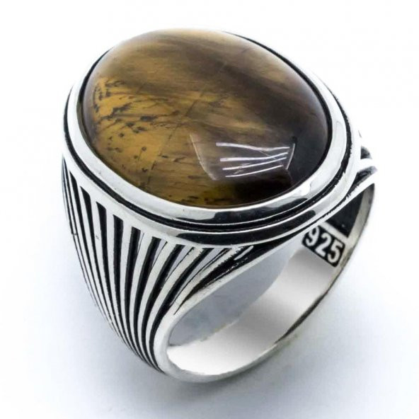 Kaplan Gözü Taşlı Gümüş Erkek Yüzük Model-2 - Resim 2