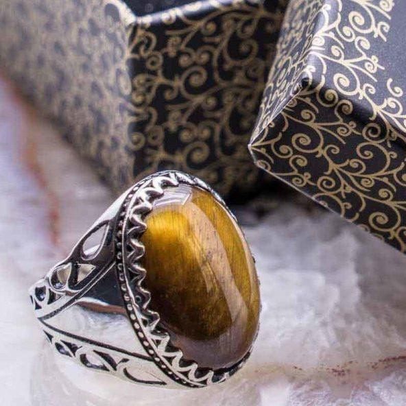 925 Ayar gümüş Kaplan Gözü  Taşlı Erkek Yüzük ürün görseli 1