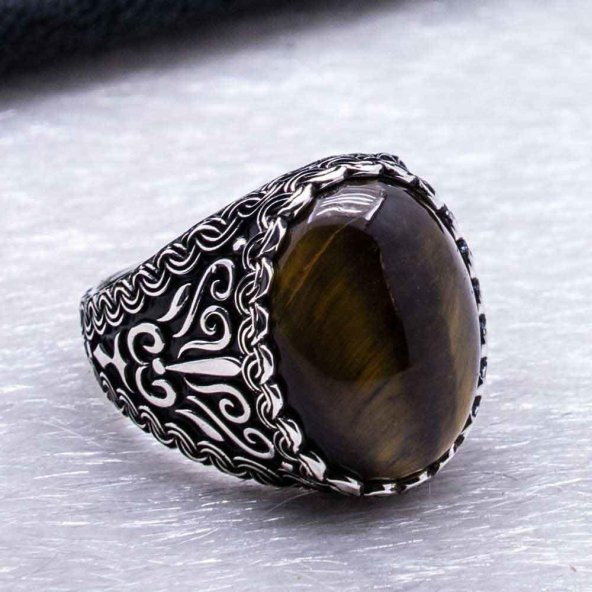 Kaplan Gözü Taşlı Desenli Gümüş Yüzük - Resim 4