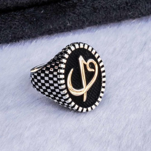 925 Ayar Gümüş Elif Vav  Simgeli Oval Erkek Yüzük - Resim 3