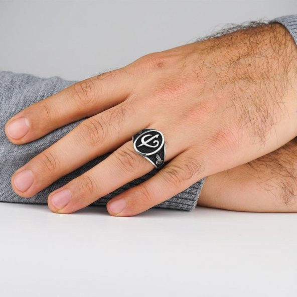 925 Ayar Gümüş Oval  Elif Vav Erkek Yüzük - Resim 2