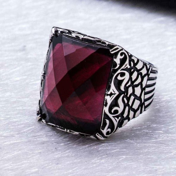 925 Ayar Gümüş  Kırmızı Zirkon Taşlı Yüzük - Resim 3