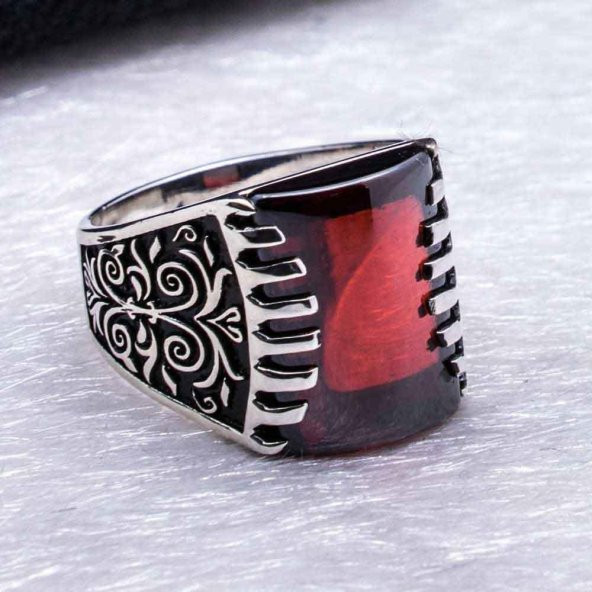 925 Ayar Gümüş Kırmızı  Zirkon Taşlı Desenli Yüzük - Resim 4