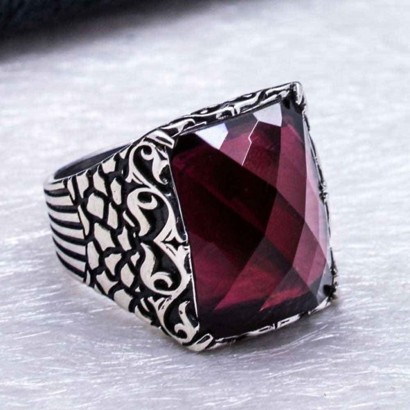 925 Ayar Gümüş  Kırmızı Zirkon Taşlı Yüzük - Resim 4