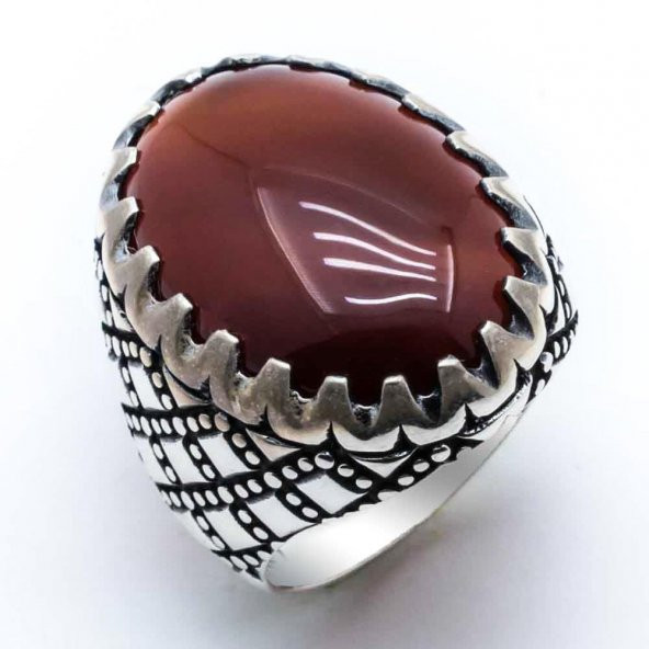 925 Ayar Gümüş Bordo  Akik Taşlı  Yüzük - Resim 2