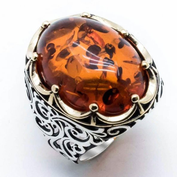 925 Ayar Gümüş  Kehribar Taşlı Gümüş Yüzük - Resim 2