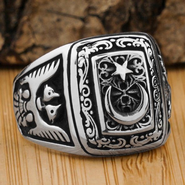 Ay Yıldız Tasarımlı Osmanlı Arma ve Kartal Motifli Gümüş Yüzük ürün görseli