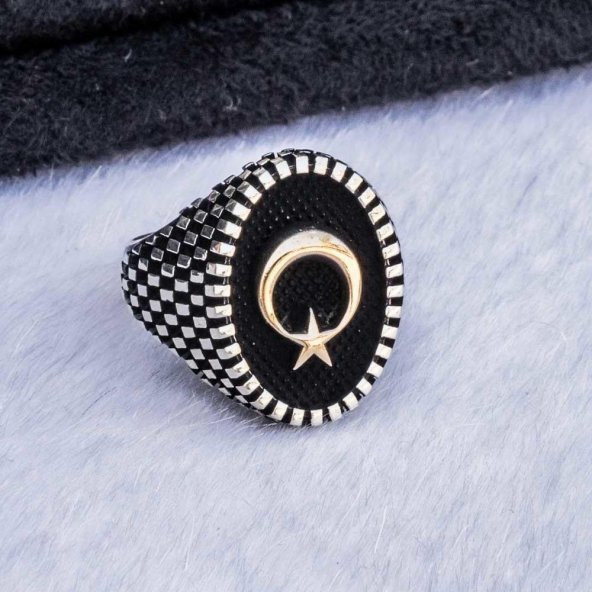925 Ayar Gümüş Oval  Ay Yıldız Erkek Gümüş Yüzük - Resim 3