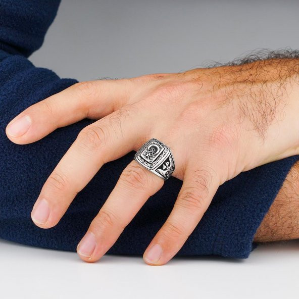 Ay Yıldız Tasarımlı Osmanlı Arma ve Kartal Motifli Gümüş Yüzük - Resim 2