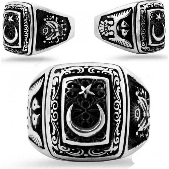 Ay Yıldız Tasarımlı Osmanlı Arma ve Kartal Motifli Gümüş Yüzük - Resim 5