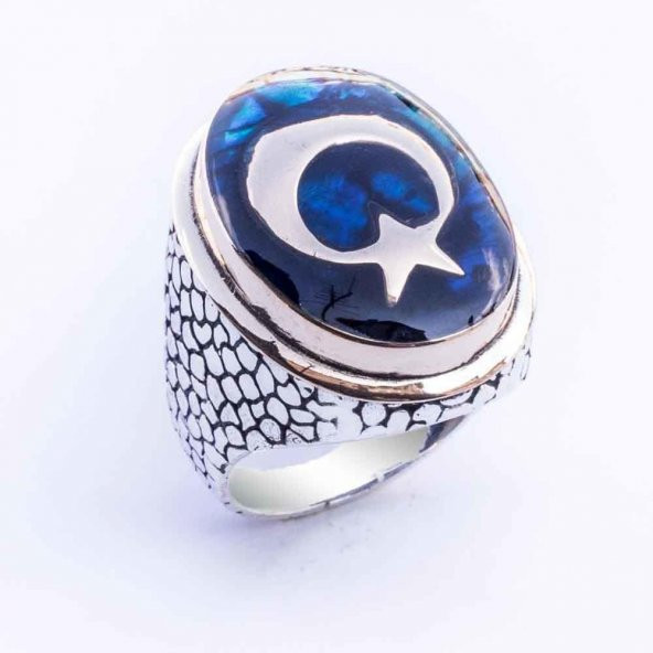 925 Ayar Gümüş Ay Yıldız Simgeli Büyük Mineli Yüzük - Resim 2