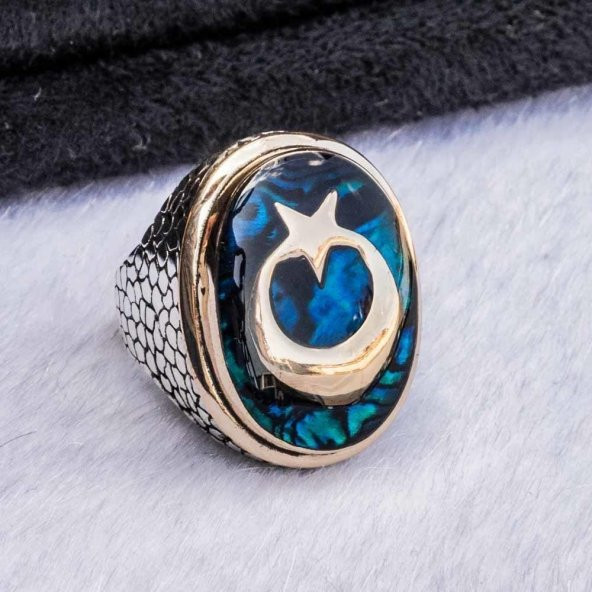 925 Ayar Gümüş Ay Yıldız Simgeli Büyük Mineli Yüzük - Resim 3