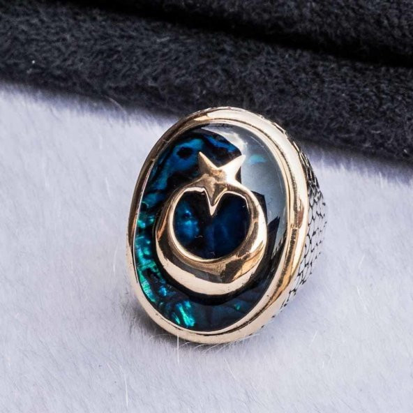 925 Ayar Gümüş Ay Yıldız Simgeli Büyük Mineli Yüzük - Resim 4