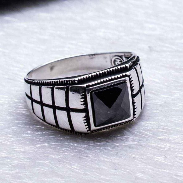 Kare Siyah Zirkon Taşlı Gümüş Yüzük - Resim 3