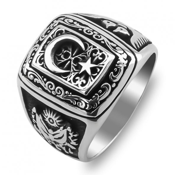 Ay Yıldız Tasarımlı Osmanlı Arma ve Kartal Motifli Gümüş Yüzük - Resim 3