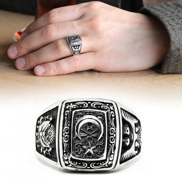 Ay Yıldız Tasarımlı Osmanlı Arma ve Kartal Motifli Gümüş Yüzük - Resim 4