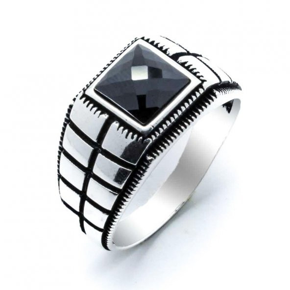 Kare Siyah Zirkon Taşlı Gümüş Yüzük - Resim 2