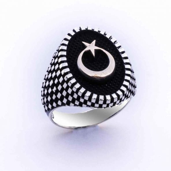 925 Ayar Gümüş Oval  Ay Yıldız Erkek Gümüş Yüzük - Resim 2