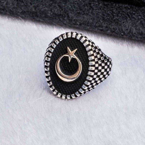925 Ayar Gümüş Oval  Ay Yıldız Erkek Gümüş Yüzük - Resim 4