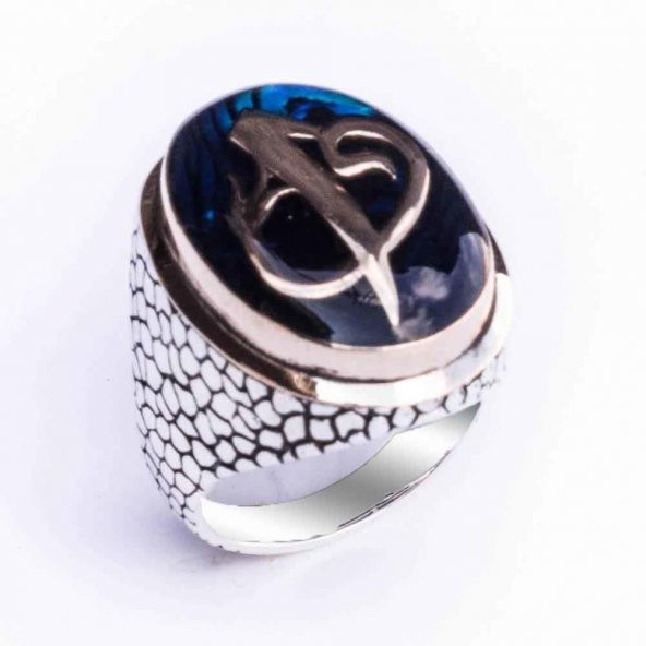 925 Ayar Gümüş Elif Vav Simgeli Mavi  Mineli Yüzük - Resim 2