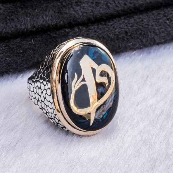 925 Ayar Gümüş Elif Vav Simgeli Mavi  Mineli Yüzük - Resim 3