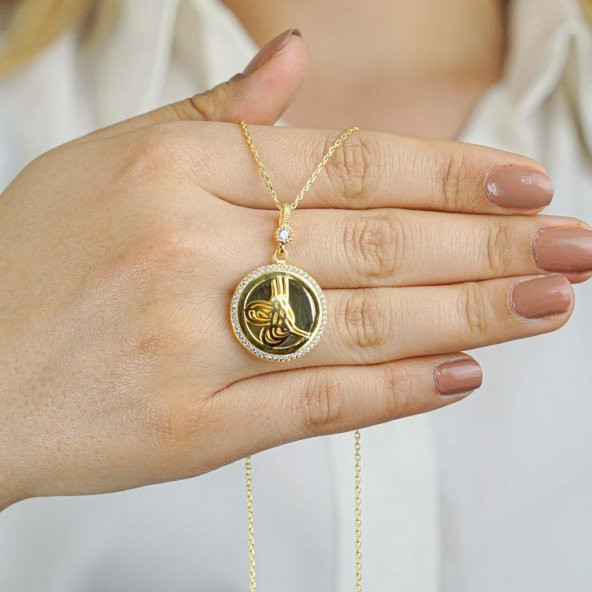 925 Ayar Gümüş Altın Kaplama Tuğralı Yuvarlak Kolye Model 9 ürün görseli 1