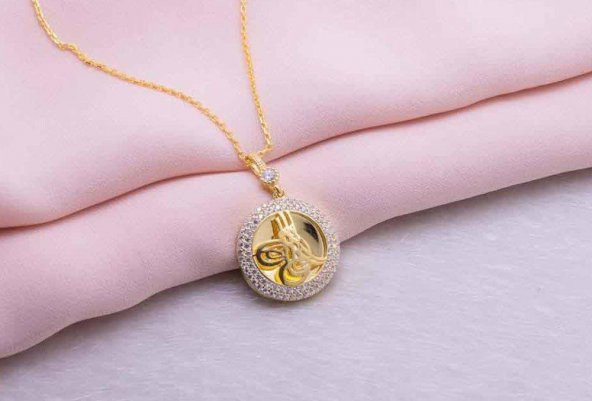 925 Ayar Gümüş Altın Kaplama Tuğralı Yuvarlak Kolye Model 8 - Resim 3