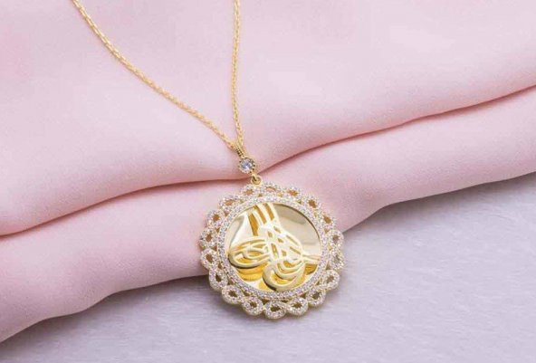 925 Ayar Gümüş Altın Kaplama Tuğralı  Sonsuz Çerçeveli Kolye - Resim 3