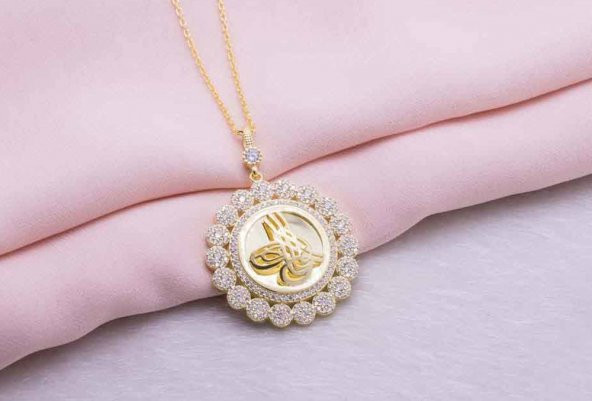 925 Ayar Gümüş Altın Kaplama Tuğralı Yuvarlak Kolye Model 7 - Resim 2