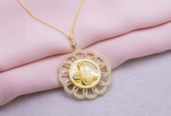 925 Ayar Gümüş Altın Kaplama Tuğralı Yuvarlak Kolye Model 3 - Resim 2