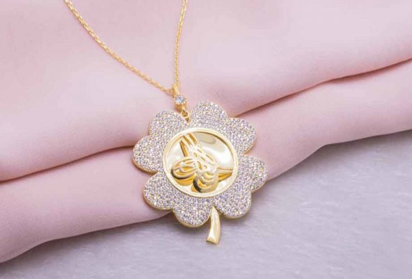 925 ayar Gümüş Altın Kaplama Tuğralı Yuvarlak Model Kolye - Resim 2