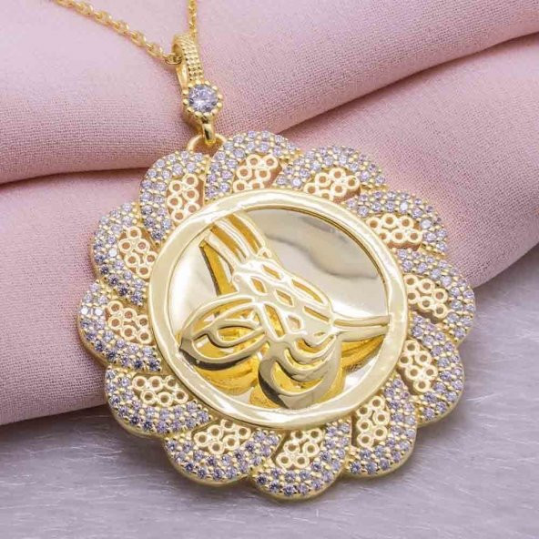 925 Ayar Gümüş Altın Kaplama Tuğralı Yuvarlak  Kolye Model 1 - Resim 2