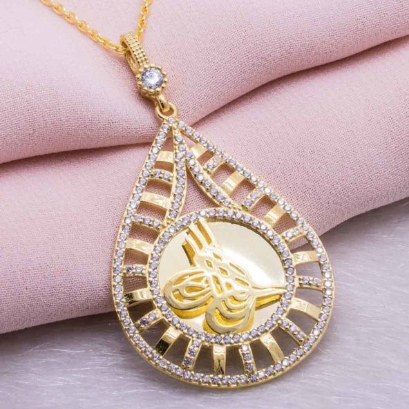 925 Ayar Gümüş Altın Kaplama Tuğralı Damla Kolye Model 7 ürün görseli