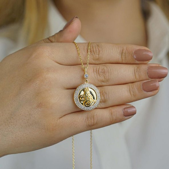 925 Ayar Gümüş Altın Kaplama Tuğralı Yuvarlak Kolye Model 8 ürün görseli